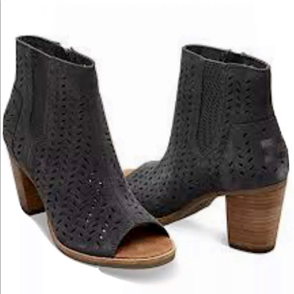 Tom’s Majorca Midcalf Bootie w/Block Heel and Peep Toe SZ 6.5 Suede Leather Zip